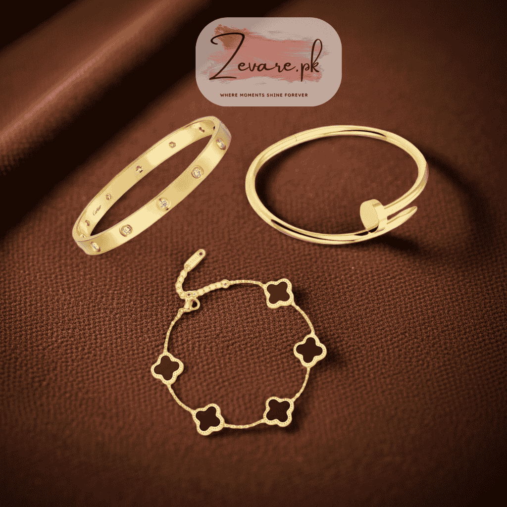 Cartier Nail Love bangle with black clover bracelet Stack Zevare.pk
