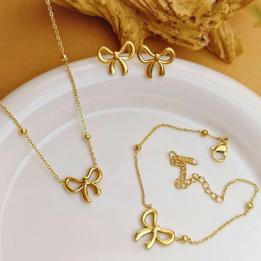 Golden Bow Necklace Set - Zevare.pk